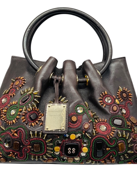 Oscar de la Renta Handbags - OSCAR DE LA RENTA BROWN MULTI BEADED AND STONE EMBELLISHED LEATHER HANDBAG